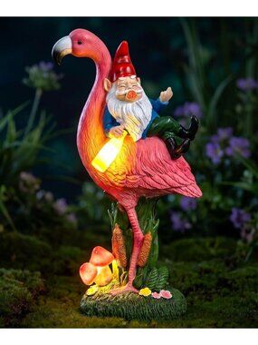 Funny Garden Gnome Riding Flamingo Statue - Solar LED Outdoor Decor, 13in